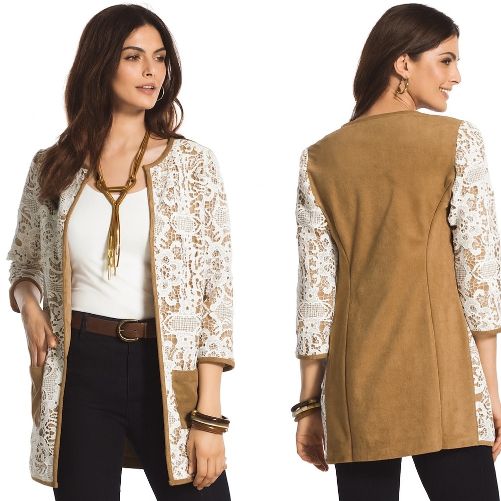 Chico’s Jacket Open Front Faux Suede & Lace Chico’s Size 0